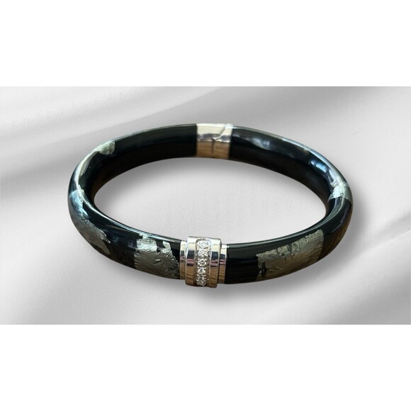 SOHO SLVR Bangle Earrings Diamond 14 CT White Gold Leaf Enamel Sterling Italy - Picture 4 of 7